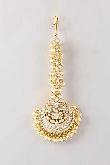 Gold Plated White Kundan Polki Handcrafted Maangtikka In Sterling Silver