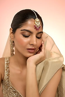 Gold Plated Red Kundan Polki Handcrafted Maangtikka In Sterling Silver
