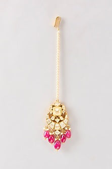 Gold Plated Red Kundan Polki Handcrafted Maangtikka In Sterling Silver