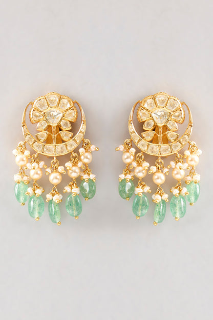 Gold Plated White Kundan Polki Handcrafted Dangler Earrings In Sterling Silver