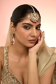 Gold Plated White Kundan Polki Handcrafted Maangtikka In Sterling Silver