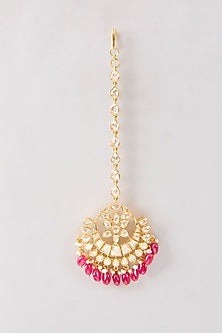 Gold Plated White Kundan Polki Handcrafted Maangtikka In Sterling Silver