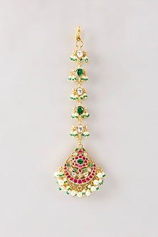 Gold Plated Red Kundan Polki Handcrafted Maangtikka In Sterling Silver