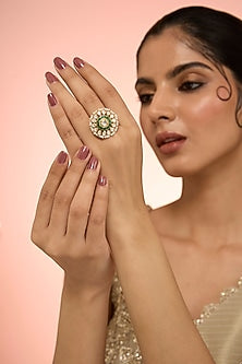 Gold Plated White Kundan Polki Handcrafted Adjustable Ring In Sterling Silver