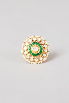 Gold Plated White Kundan Polki Handcrafted Adjustable Ring In Sterling Silver