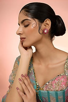 Gold Plated Red Kundan Polki Handcrafted Stud Earrings In Sterling Silver