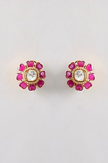 Gold Plated Red Kundan Polki Handcrafted Stud Earrings In Sterling Silver