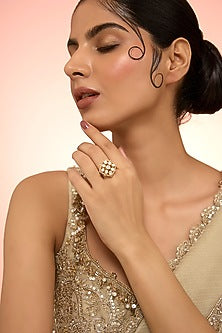 Gold Plated White Kundan Polki Handcrafted Adjustable Ring In Sterling Silver