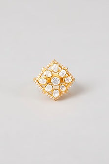 Gold Plated White Kundan Polki Handcrafted Adjustable Ring In Sterling Silver