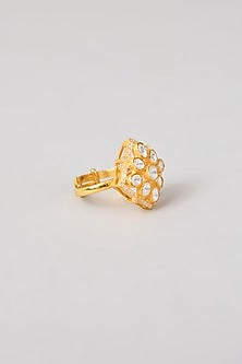 Gold Plated White Kundan Polki Handcrafted Adjustable Ring In Sterling Silver