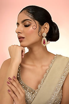 Gold Plated Red Kundan Polki Handcrafted Dangler Earrings In Sterling Silver