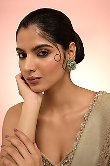 Gold Plated Green Kundan Polki Handcrafted Stud Earrings In Sterling Silver