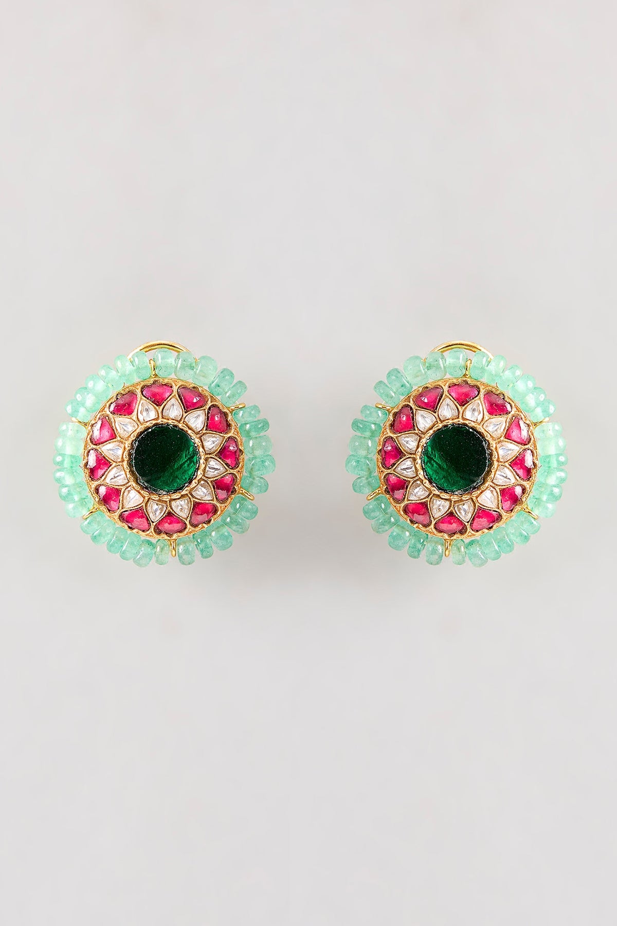 Gold Plated Green Kundan Polki Handcrafted Stud Earrings In Sterling Silver