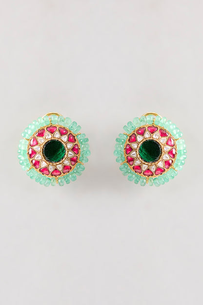Gold Plated Green Kundan Polki Handcrafted Stud Earrings In Sterling Silver