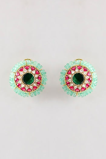 Gold Plated Green Kundan Polki Handcrafted Stud Earrings In Sterling Silver
