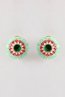 Gold Plated Green Kundan Polki Handcrafted Stud Earrings In Sterling Silver