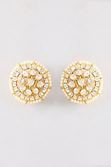 Gold Plated White Kundan Polki Handcrafted Stud Earrings In Sterling Silver