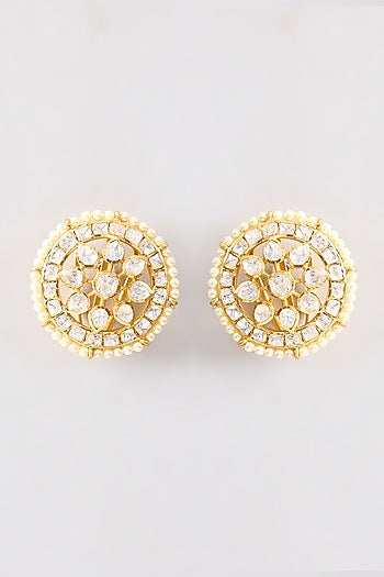 Gold Plated White Kundan Polki Handcrafted Stud Earrings In Sterling Silver