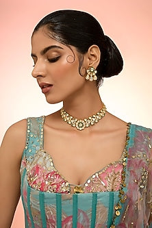 Gold Plated Green Kundan Polki Handcrafted Necklace Set In Sterling Silver