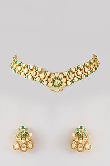 Gold Plated Green Kundan Polki Handcrafted Necklace Set In Sterling Silver