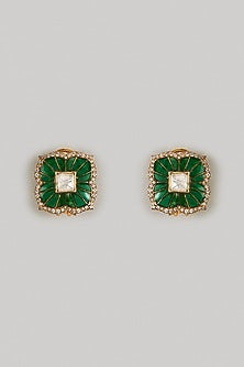 Gold Finish Green Moissanite Polki Stud Earrings In Sterling Silver