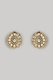 Black Rhodium Finish Moissanite Polki Stud Earrings In Sterling Silver