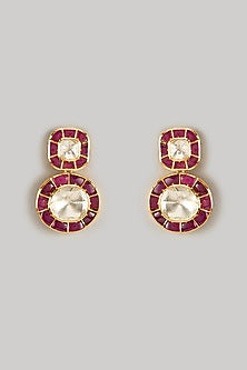 Gold Finish Red Moissanite Polki Dangler Earrings In Sterling Silver
