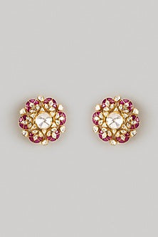 Gold Finish Red Moissanite Polki Stud Earrings In Sterling Silver