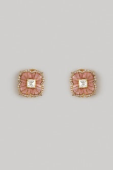 Gold Finish Pink Moissanite Polki Stud Earrings In Sterling Silver