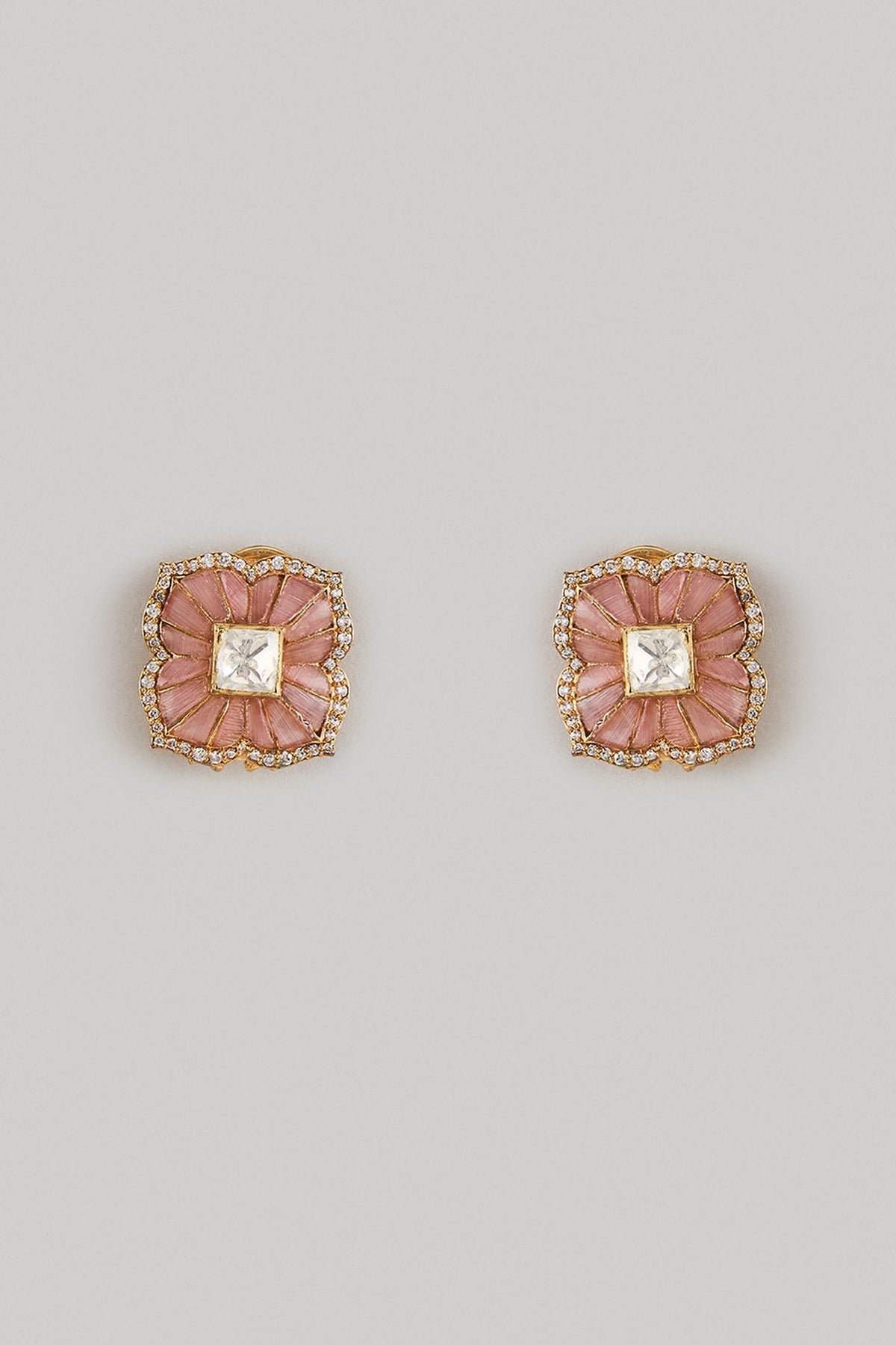 Gold Finish Pink Moissanite Polki Stud Earrings In Sterling Silver