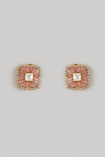 Gold Finish Pink Moissanite Polki Stud Earrings In Sterling Silver