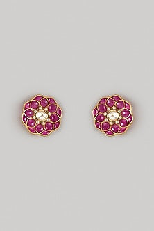 Gold Finish Red Moissanite Polki Stud Earrings In Sterling Silver