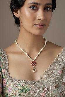 Gold Finish Red Kundan Polki & Pearl Necklace In Sterling Silver
