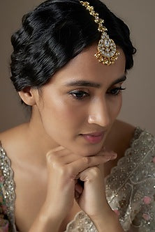Gold Finish Kundan Polki Maangtikka In Sterling Silver