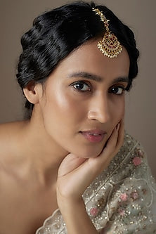 Gold Finish Red Kundan Polki Maangtikka In Sterling Silver
