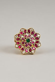 Gold Finish Red Kundan Polki Adjustable Ring In Sterling Silver