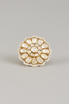 Gold Finish Moissanite Polki Adjustable Ring In Sterling Silver