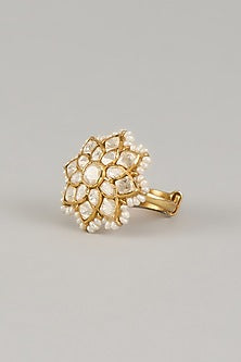 Gold Finish Moissanite Polki Adjustable Ring In Sterling Silver