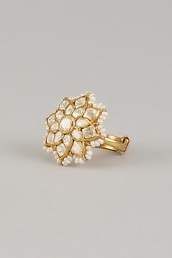 Gold Finish Moissanite Polki Adjustable Ring In Sterling Silver