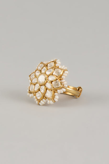 Gold Finish Moissanite Polki Adjustable Ring In Sterling Silver