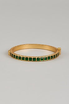Gold Finish Green Kundan Polki Bangle In Sterling Silver