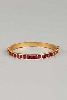 Gold Finish Red Kundan Polki Openable Bangle In Sterling Silver