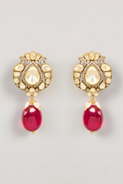 Black Rhodium Plated Red Kundan Polki Drop Earrings In Sterling Silver