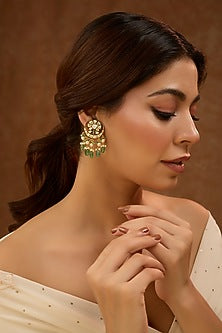 Gold Plated Kundan Polki & Green Drop Chandbali Earrings In Sterling Silver