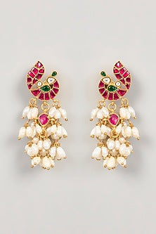 Gold Plated Kundan Polki & Pearls Peacock Earrings In Sterling Silver