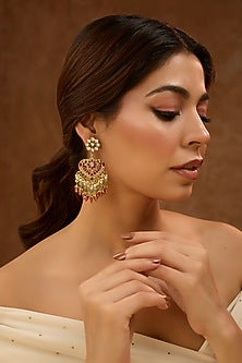 Gold Plated Red Kundan Polki Dangler Earrings In Sterling Silver