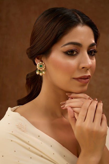 Gold Plated Green Kundan Polki & Pearl Drop Dangler Earrings In Sterling Silver