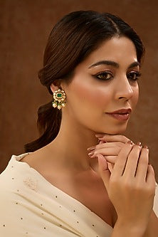 Gold Plated Green Kundan Polki & Pearl Drop Dangler Earrings In Sterling Silver