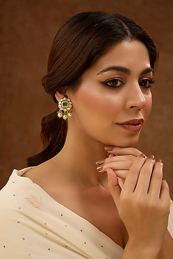 Gold Plated Green Kundan Polki & Pearl Drop Dangler Earrings In Sterling Silver