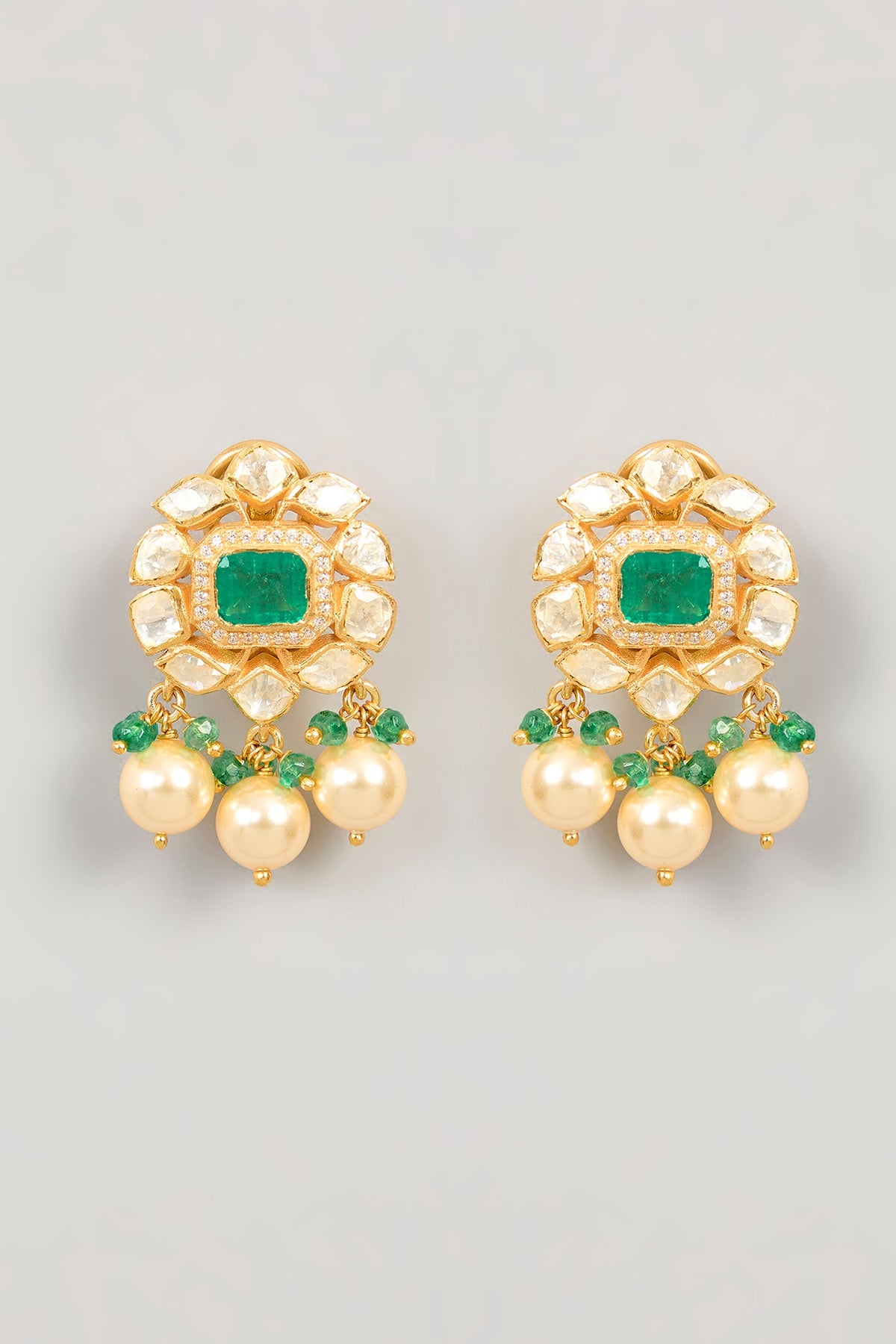 Gold Plated Green Kundan Polki & Pearl Drop Dangler Earrings In Sterling Silver